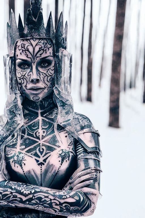 picture of (woman with face and body tattoos) , wearing a (((iron  armor))) in a ((ice forest))