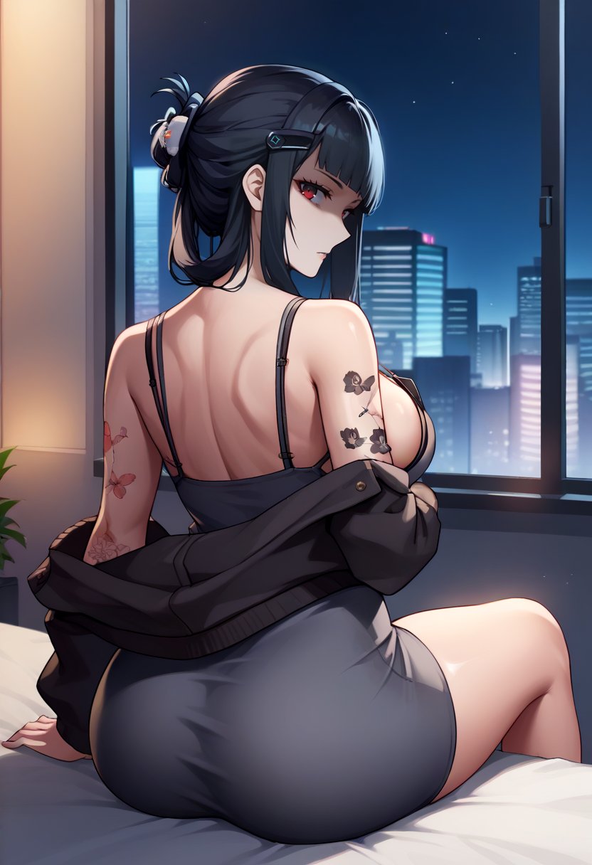 score_9, score_8_up, score_7_up, source_anime BREAK 1girl, solo, <lora:d-nikke-richy-v1_pdxl:1> dwife, black hair, long hair, blunt bangs, hairclip, hair ornament, sidelocks, red eyes, grey dress, jacket, off shoulder, black bra, arm tattoo, large breasts, sideboob, parted lips, looking at viewer, sitting, bed, looking back, from behind, back tattoo, ass, shaded face, dark, darkness, night, night sky, window, science fiction, cyberpunk, cityscape, city lights