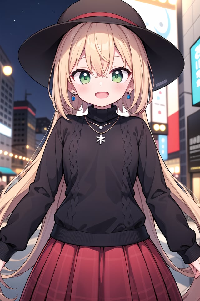 insanely detailed, absurdres, ultra-highres, ultra-detailed, best quality,1girl, solo, nice hands, perfect handsBREAK(black theme:1.4), (fit body:1.3), (tight long sleeve and turtleneck (black sweater):1.4), (black heeled boots with lace-up:1.1),BREAK(black and red theme:1.3), ((red) high-waisted ((maxi length skirt, very long A line skirt):1.2) with [plaid pattern]:1.4), ((black) bucket hat with wide brim:1.4),BREAK((earrings, necklace):1.2),(naked skin:-1), (mini skirt:-1), (legs:-1), (straw hat:-1), (red hat:-1), (green hat:-1), (white sweater:-1), (slit:-1), (belt:-1), (multiple necklaces:-1), (navel:-1), (waist:-1), (cleavage:-1.5)BREAKhappy smile, laugh, open mouthBREAK(45 angle:-1.5), (from side:-1.5),standing, cowboy shot, looking at viewerBREAKslender, kawaii, perfect symmetrical face, ultra cute girl, ultra cute face, ultra detailed eyes, ultra detailed hair, ultra cute, ultra beautifulBREAKin street, cityscape in tokyo, depth of field, ultra detailed backgroundBREAKmedium large breastsBREAK(orange hair, green eyes), short hair, hair between eyes