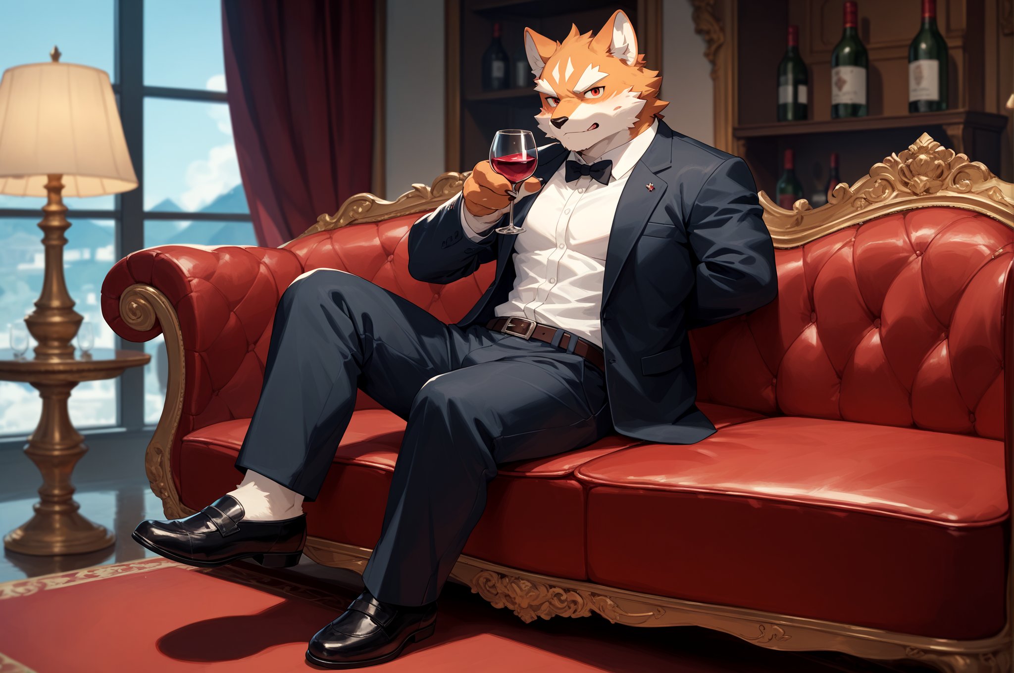 score_9,score_8_up,score_7_up,furry,kemono,high quality,full body,tail,furry,rating_explicit,embedding:zPDXL3 BREAK anthro male furry,solo,Premium bar,crystal,sofa,drinking red wine glass,holding red wine in one hand,look at viewer,contempt,suit,luxury,VIP private room,leather shoes,