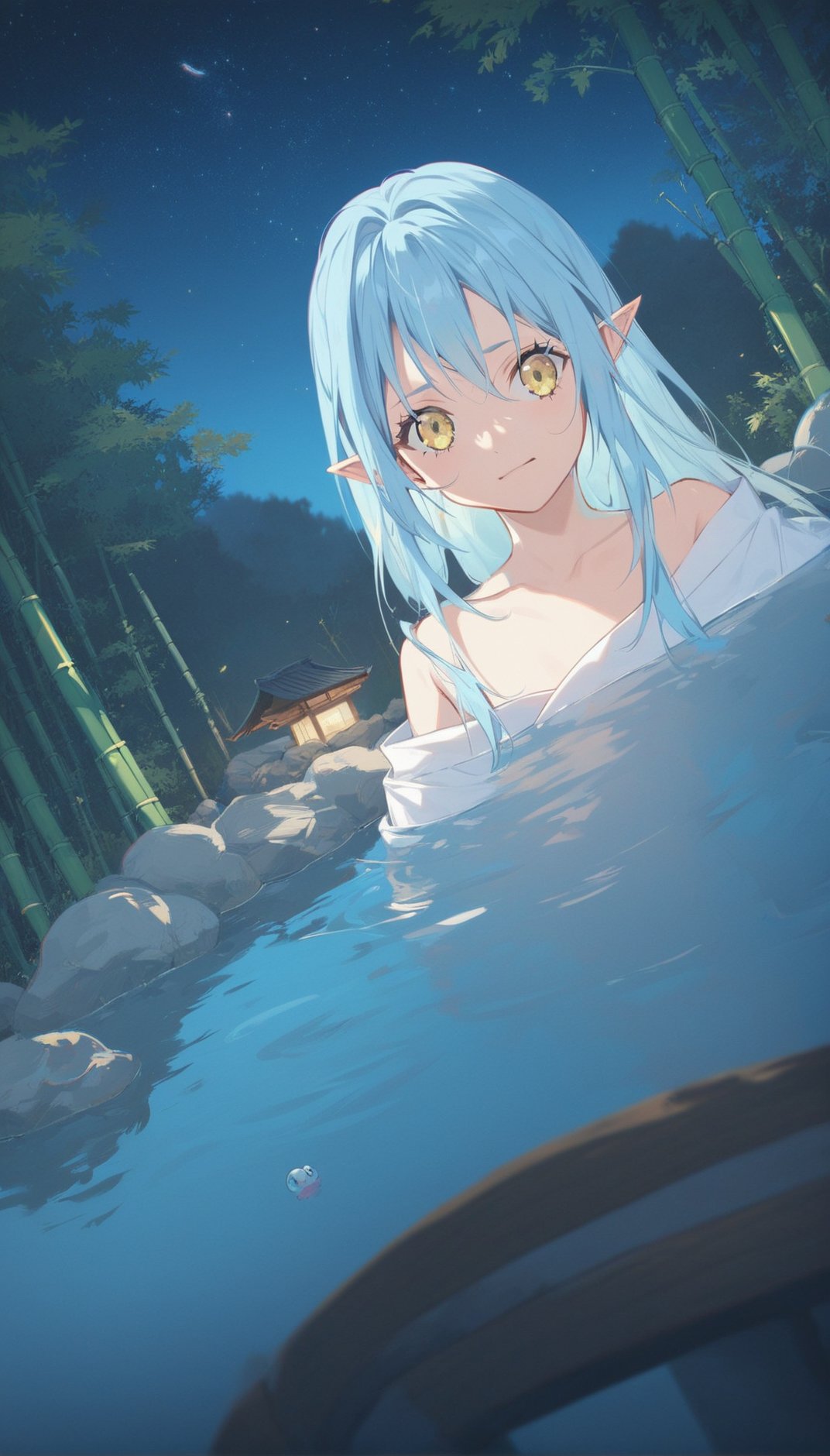 score_9, score_8_up, score_7_up, score_6_up, tsepmet_urumir_xl, rimuru tempest, tensei shitara slime datta ken,1girl, water, tree, bare tree, partially submerged, pointy ears, kimono, japanese clothes, ripples, bamboo, long hair, off shoulder, branch, yellow eyes,onsen, depth of field, dutch angle, from below, night sky, star \(sky\), (ultra HD quality details),<lora:Rimuru_Tempest_XL_Pony:1>