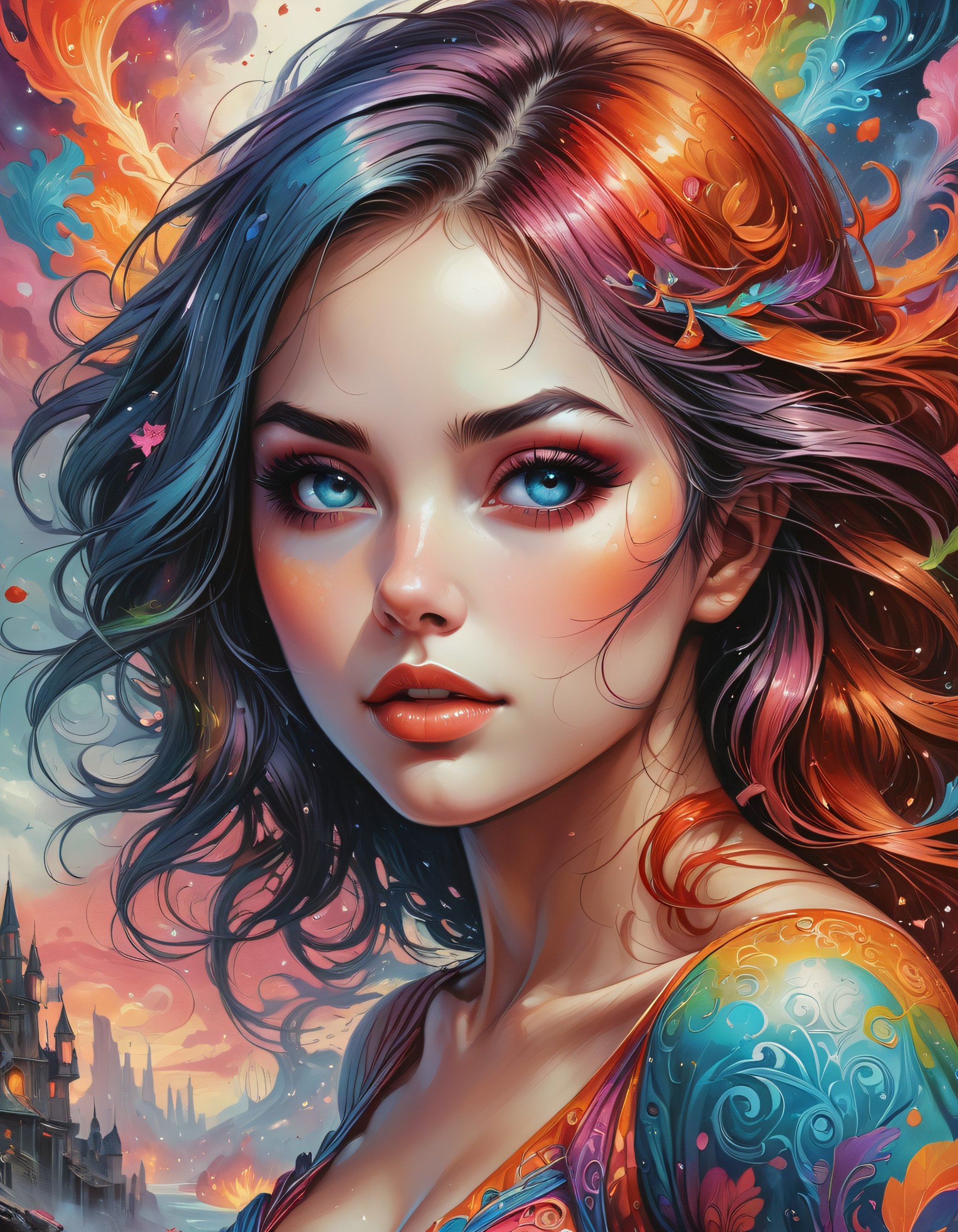 crazy hot woman, the woman of your dreams, detailed, fantasy, colorful dreamy scene