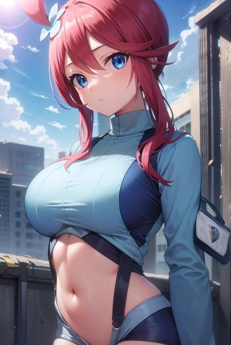 pokemonskyla, <lora:pokemonskyla-lora-nochekaiser:1>,pokemonskyla, blue eyes, hair ornament, one side up, red hair, short hair with long locks, sidelocks,BREAK blue footwear, blue gloves, blue jacket, blue shorts, boots, crop top, cropped jacket, gloves, jacket, midriff, navel, short shorts, shorts, thigh pouch,BREAK looking at viewer, upper body, full body,BREAK outdoors, city, sky, sun,BREAK <lyco:GoodHands-beta2:1>, (masterpiece:1.2), best quality, high resolution, unity 8k wallpaper, (illustration:0.8), (beautiful detailed eyes:1.6), extremely detailed face, perfect lighting, extremely detailed CG, (perfect hands, perfect anatomy), 