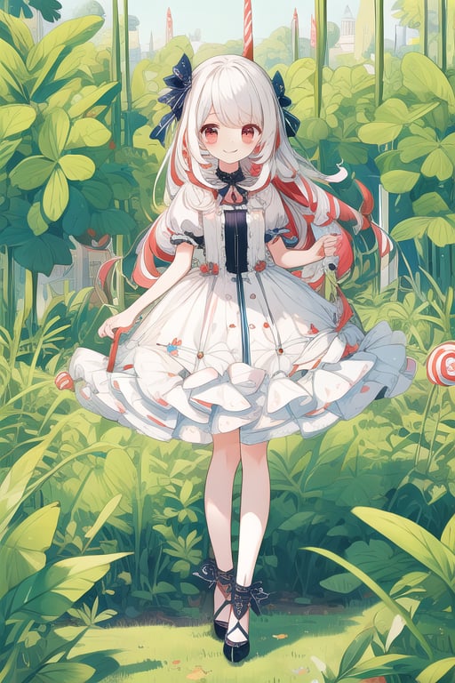 (masterpiece), (best quality), (extremely detailed), (1girl), solo, (pretty cute girl), looking at viewer, smile, slender, evenly sized eyes, extremely detailed eyes, full body, outdoors, extremely detailed wallpaper, (completely detailed features), 16k, versicolor, candycane-sorrel<lora:EMS-435033-EMS:1.000000>