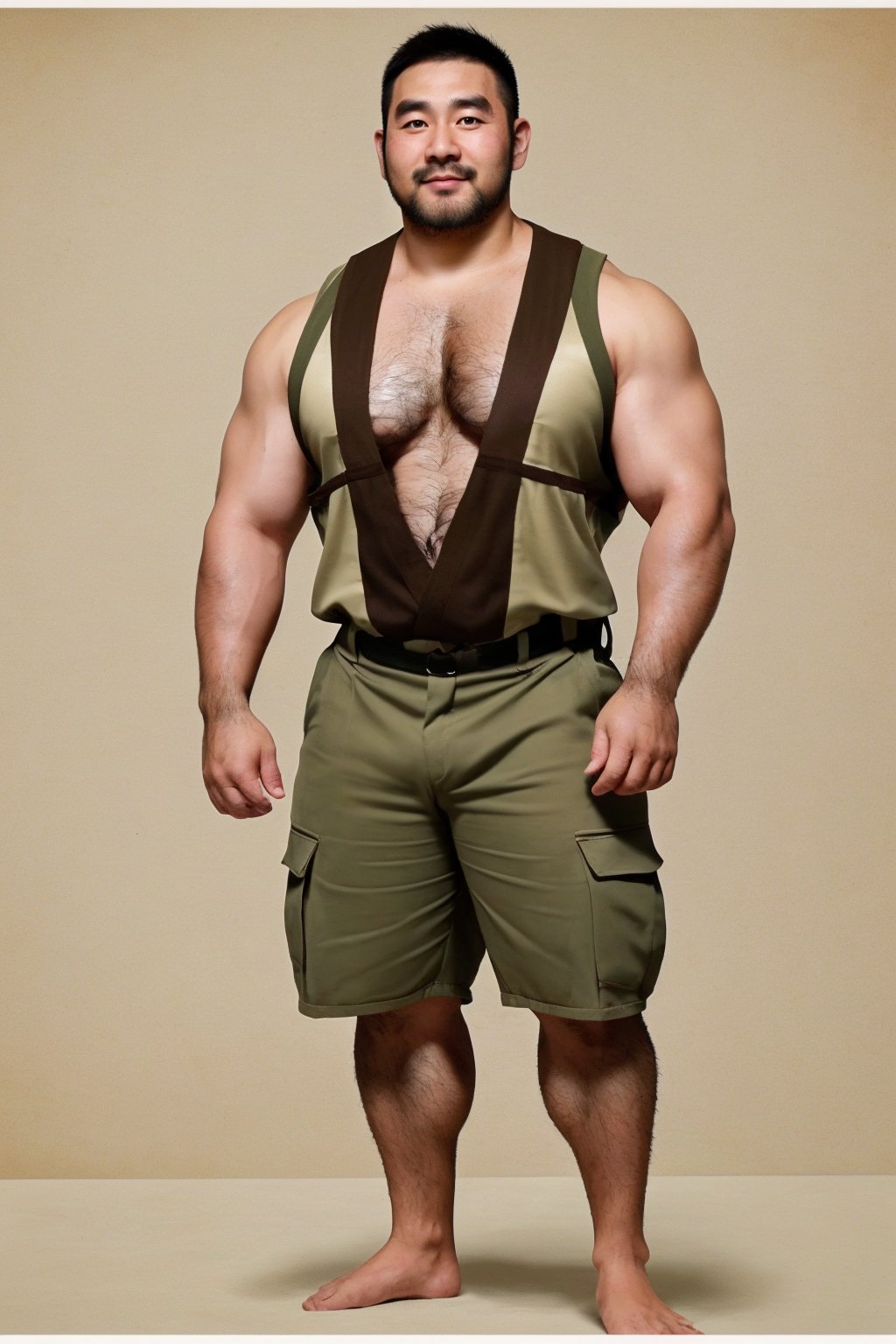 zhuangxiong,mature male,thick arms,thick thighs,thick body hair,beard,chest hair,leg hair,full body,muscular male,front,full shot,mature,masculine,thick,muscular man,35 years old,very short hair,khaki background,