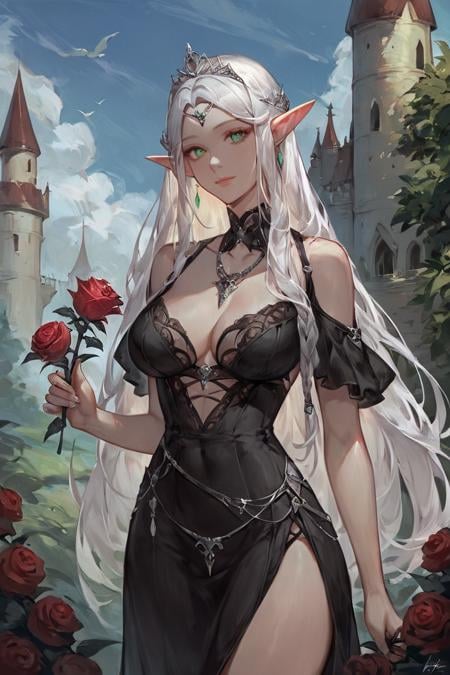 score_9, score_8_up, score_7_up, rating_safe, 1girl, solo, elf, pointy ears, breasts, long hair, very long hair, white hair, green eyes, portrait, looking at viewer, black dress, tiara, silver tiara, holding, holding flower, rose, red rose, necklace, jewelry, cowboy shot, standing, outdoors, castle <lora:Concept Art Eclipse Style LoRA_Pony XL v6:1>