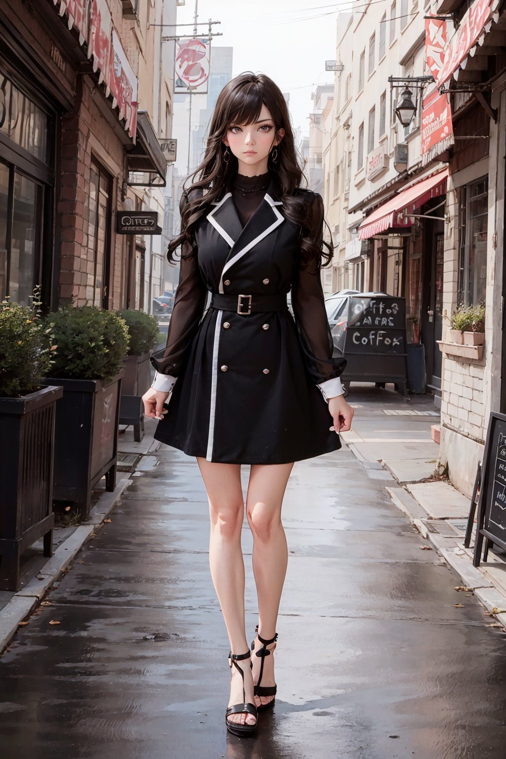 absurdres,  highres,  ultra detailed,  extremely detailed fine touch,  (ultra detailed 1woman),  (anime style),  model,  1woman,  BzTrenchd,  trench dress,  long sleeves,  heeled sandals,  mesmerizing designs,  cafe,  coffee shop,  standing,  arms behind back,  (upper body),  death stare,  sexy pose,  slender body,  breakdomain,<lora:EMS-52872-EMS:0.400000>,<lora:EMS-274827-EMS:0.700000>