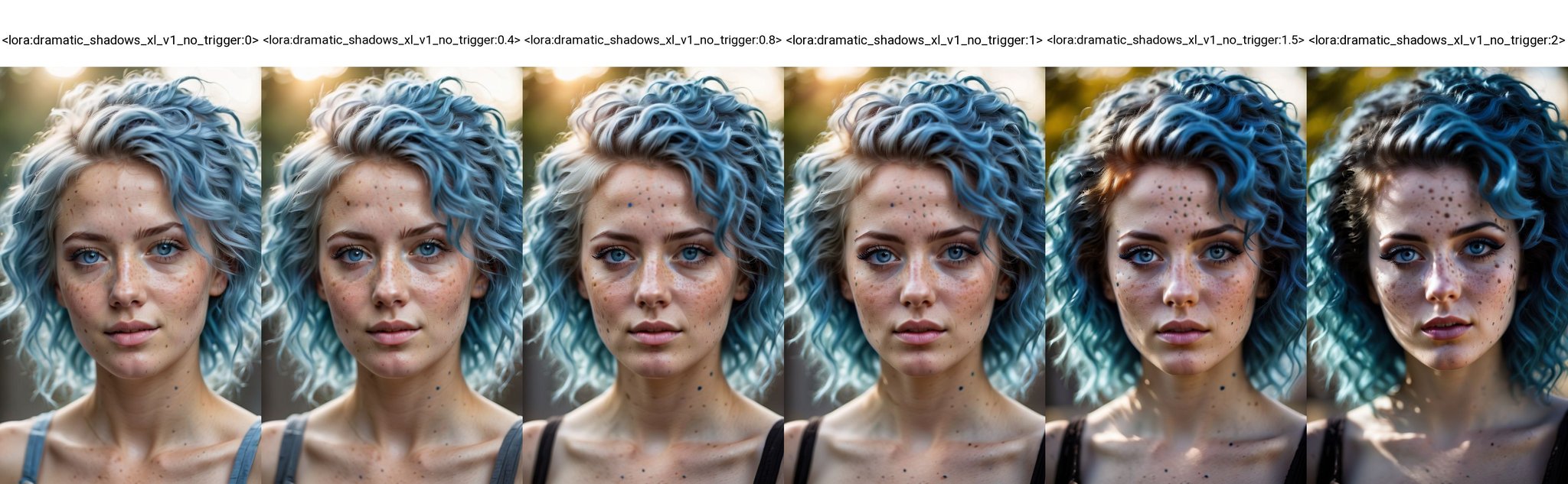 (best quality, 4k, 8k, highres, masterpiece:1.2), ultra-detailed, (realistic, photorealistic, photo-realistic:1.37), blue messy hair, light blue eyes, freckles, women, portrait, cinematic, bokeh, soft lighting, ethereal atmosphere, dreamy expressions, dynamic composition, textured background, vivid colors, subtle smile, graceful pose, professional, artistic, portrait photography<lora:dramatic_shadows_xl_v1_no_trigger:0>