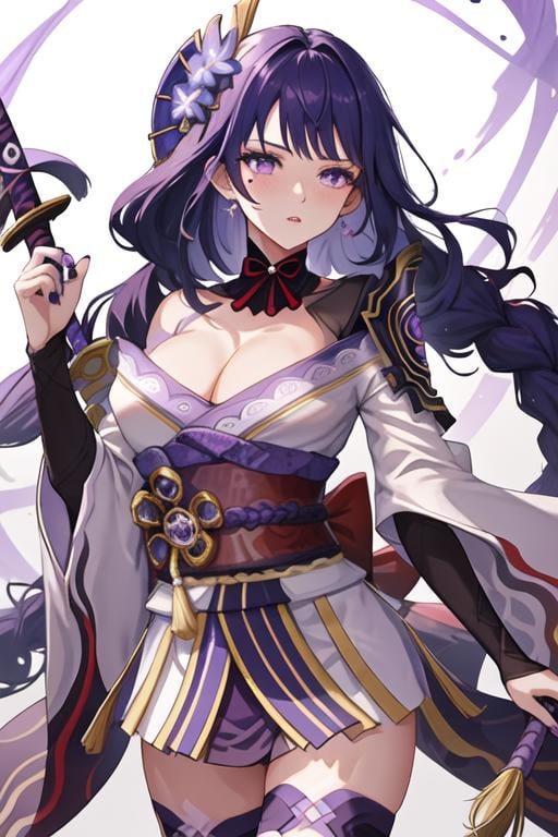 best quality, masterpiece, highres, solo, {raiden_shogun_genshin:1.15}, long_hair, purple_hair, bangs, purple_eyes, mole_under_eye, mole, breasts, hair_ornament, large_breasts, flower, braid, cleavage, hair_flower, blush, very_long_hair, 1girl, bridal_gauntlets, electricity, holding, holding_sword, holding_weapon, japanese_clothes, kimono, long_sleeves, looking_at_viewer, mitsudomoe_\(shape\), musou_isshin_\(genshin_impact\), obi, sash, sword, tomoe_\(symbol\), weapon, wide_sleeves, armor, human_scabbard, obiage, obijime, ribbon, tassel, braided_ponytail, drawing_sword, purple_flower, purple_nails, shoulder_armor, parted_lips, purple_kimono