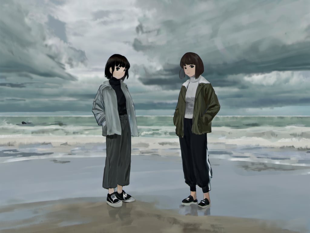 <lora:loneliness_xl_v2:0.8>,depth perspective,a couple of people standing on a beach under a cloudy sky with a person standing next to them looking at the camera,looking_at_viewer,short_hair,bangs,multiple_girls,brown_hair,shirt,black_hair,2girls,closed_mouth,standing,jacket,outdoors,open_clothes,sky,pants,cloud,black_eyes,coat,black_shirt,turtleneck,ocean,beach,black_pants,cloudy_sky,hands_in_pockets,horizon,waves,