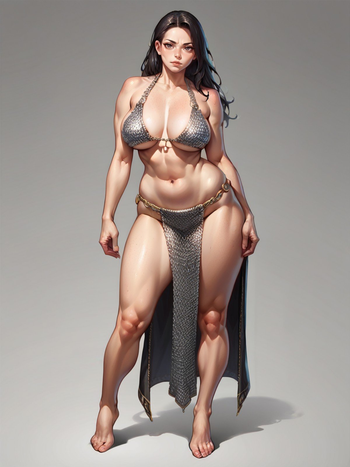 score_9, score_8_up, score_7_up, score_6_up, score_5_up, score_4_up, black hair, 1girl, large breasts, ch41nm41l, chainmail bikini, pelvic curtain, loincloth <lora:ch41nm41lXLP:0.5> full body, 