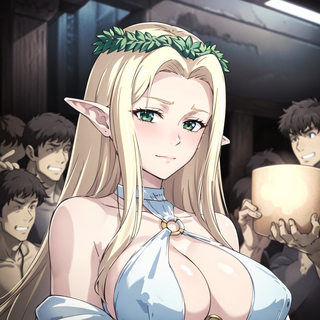 1girl,celestine lucullus, <lora:celestineLucullus_v15:0.9> bare shoulders, blonde hair, blush, breasts, circlet, cleavage, closed mouth, dress, elf, green eyes, head wreath, huge breasts, laurel crown, long hair, looking at viewer, o-ring, o-ring top, pointy ears, white dress,indoor,school,(Upper_body),(Focus on her face),(light_smile:0.5), official art,extremely detailed CG unity 8k wallpaper, perfect lighting,Colorful, Bright_Front_face_Lighting,shiny skin, (masterpiece:1.0),(best_quality:1.0),