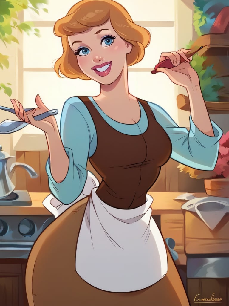 score_9, score_8_up, score_7_up, score_6_up, 1girl, makeup, apron, shirt, long sleeves, long brown skirt, vest, curvy, medium breasts, narrow waist, wide hips, thick thighs, looking at viewer, dynamic angle, cowboy shot, cartoon, dynamic pose, smile, cute, wide shot, realistic,<lora:CindirellaXLP_character:1>CinderellaXLP 