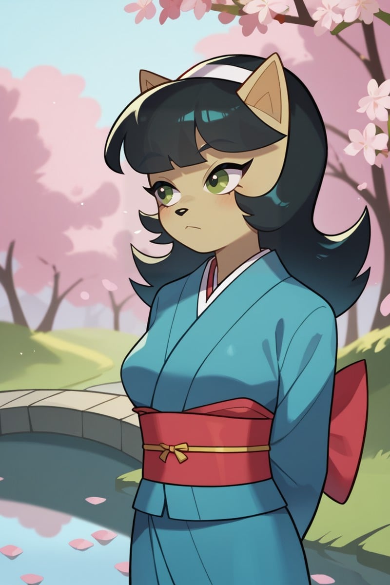 score_9, score_8_up, score_7_up, BREAK, 1girl, solo, breasts, <lora:kittykatswell-guy-PONYv1:.9>, kittykatswell, furry, animal ears, hairband, kimono, cherry blossoms, blue theme, arms behind back, pond, bridge, 