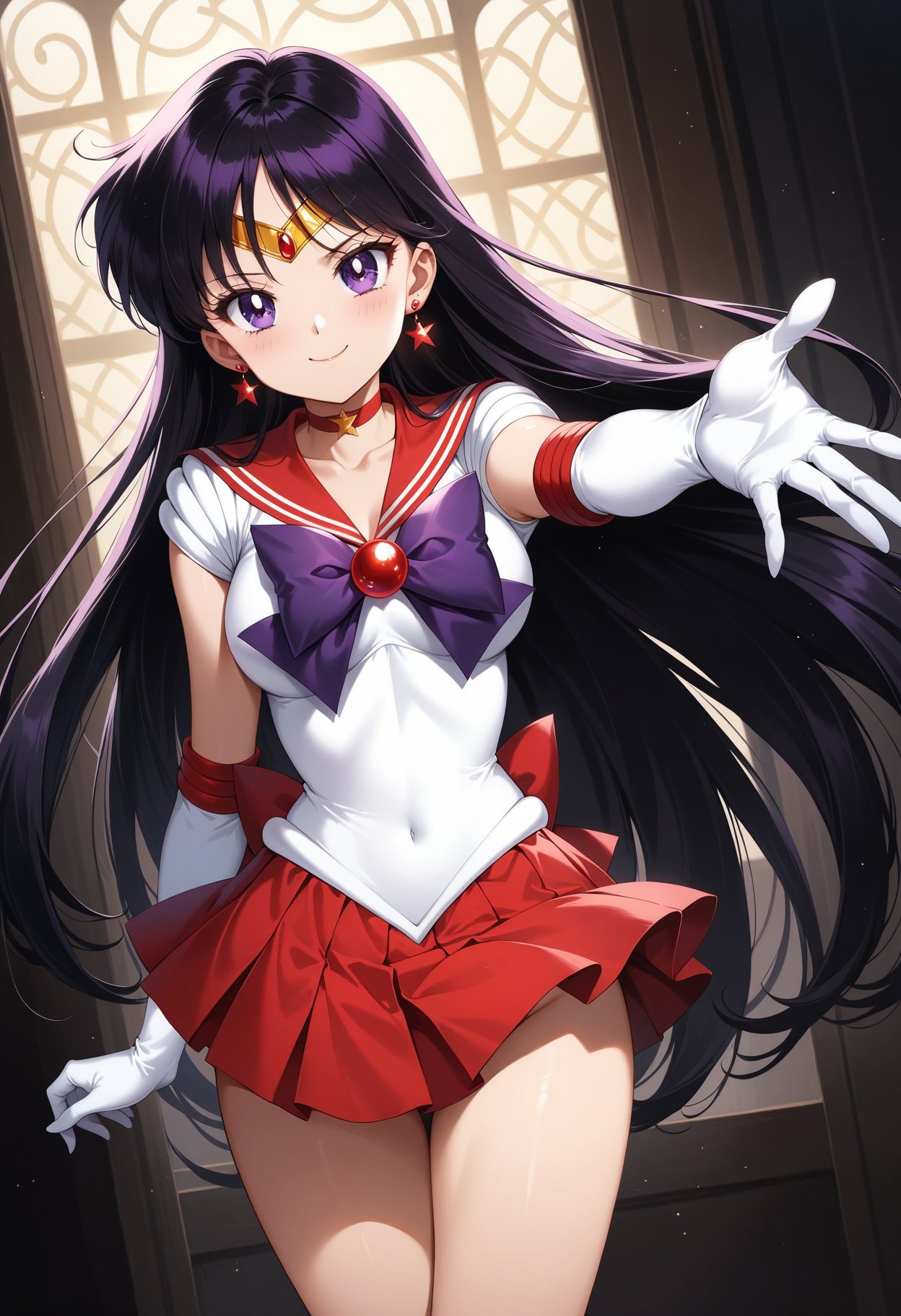 (masterpiece, best quality, very aesthetic, ultra detailed), intricate details, 4k, aamars, long hair, black hair, tiara, earrings, red choker, red sailor collar, purple bowtie, white shirt, elbow gloves, white gloves, pleated skirt, red skirt, bare legs, <lora:sailor_mars_animaginexl_v1:0.9>, reaching out, smile, cowboy shot,