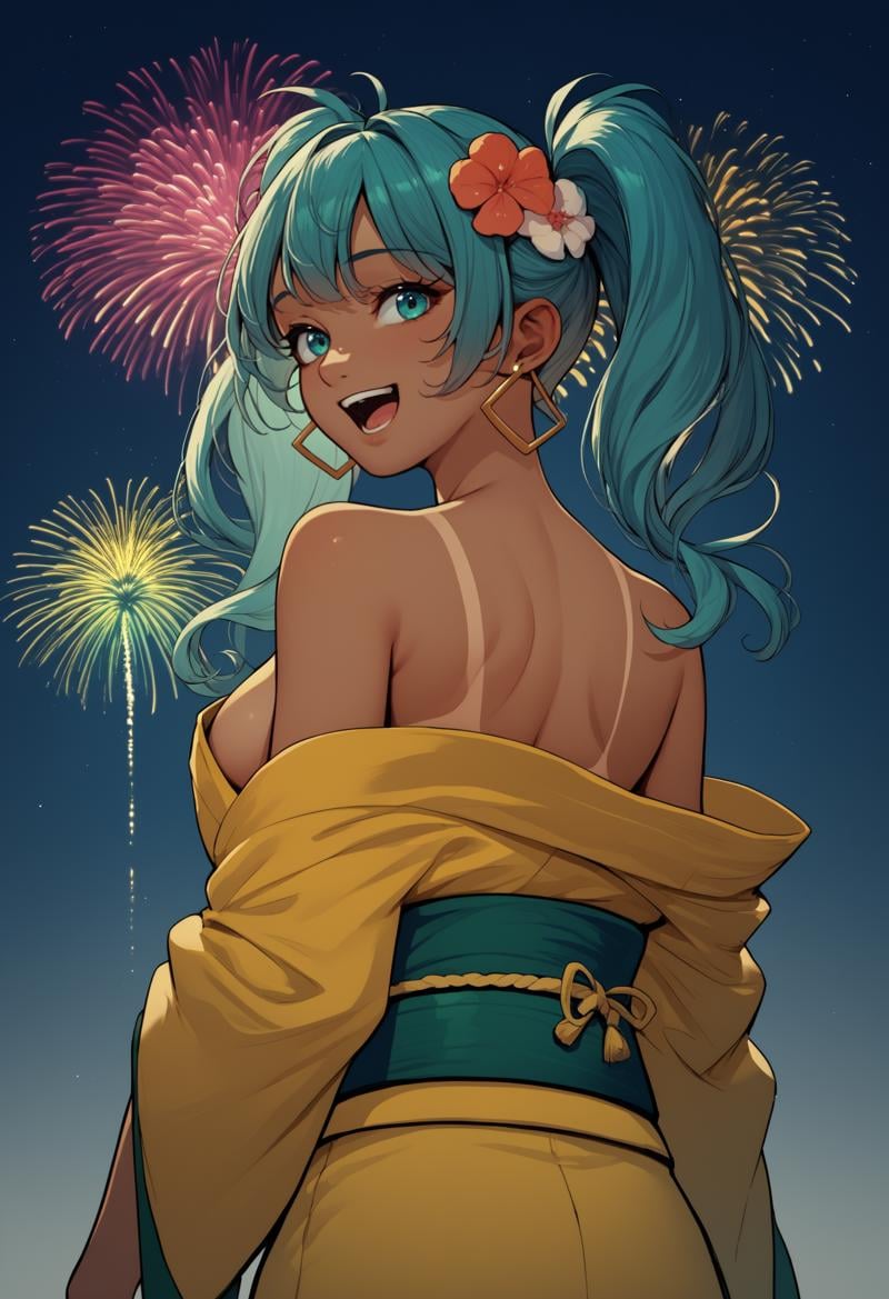 score_9, score_8_up, score_7_up, source_anime, from behind, solo, 1girl, brazilianmiku, dark-skinned female, tanlines, happy, open mouth, looking back, twintails, hair flower, aqua eyes, japanese clothes, yellow kimono, off shoulder, green sash, hoop earrings, bare shoulders, large breasts, fireworks<segment:yolo-face_yolov8m.pt,0.4,0.5//cid=1>