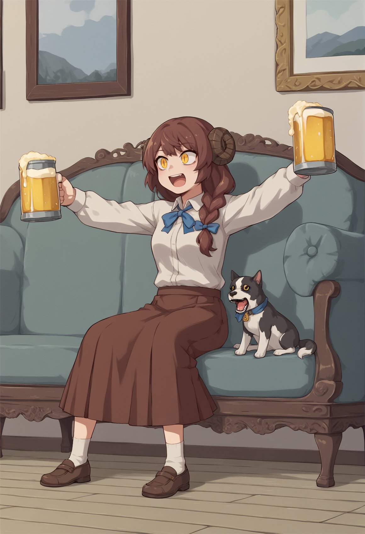 1girl, brown hair, yellow eyes, long hair, braid, horns, white shirt, ribbon, brown skirt, shoes, socks, slit pupils, sitting, couch, outstretched arms, holding beer mug, open mouth, disfusted, dog, full body <lora:Mary_Anning:1>, score_9, score_8_up, score_7_up, score_6_up, score_5_up, score_4_up, BREAK source_anime, masterpiece