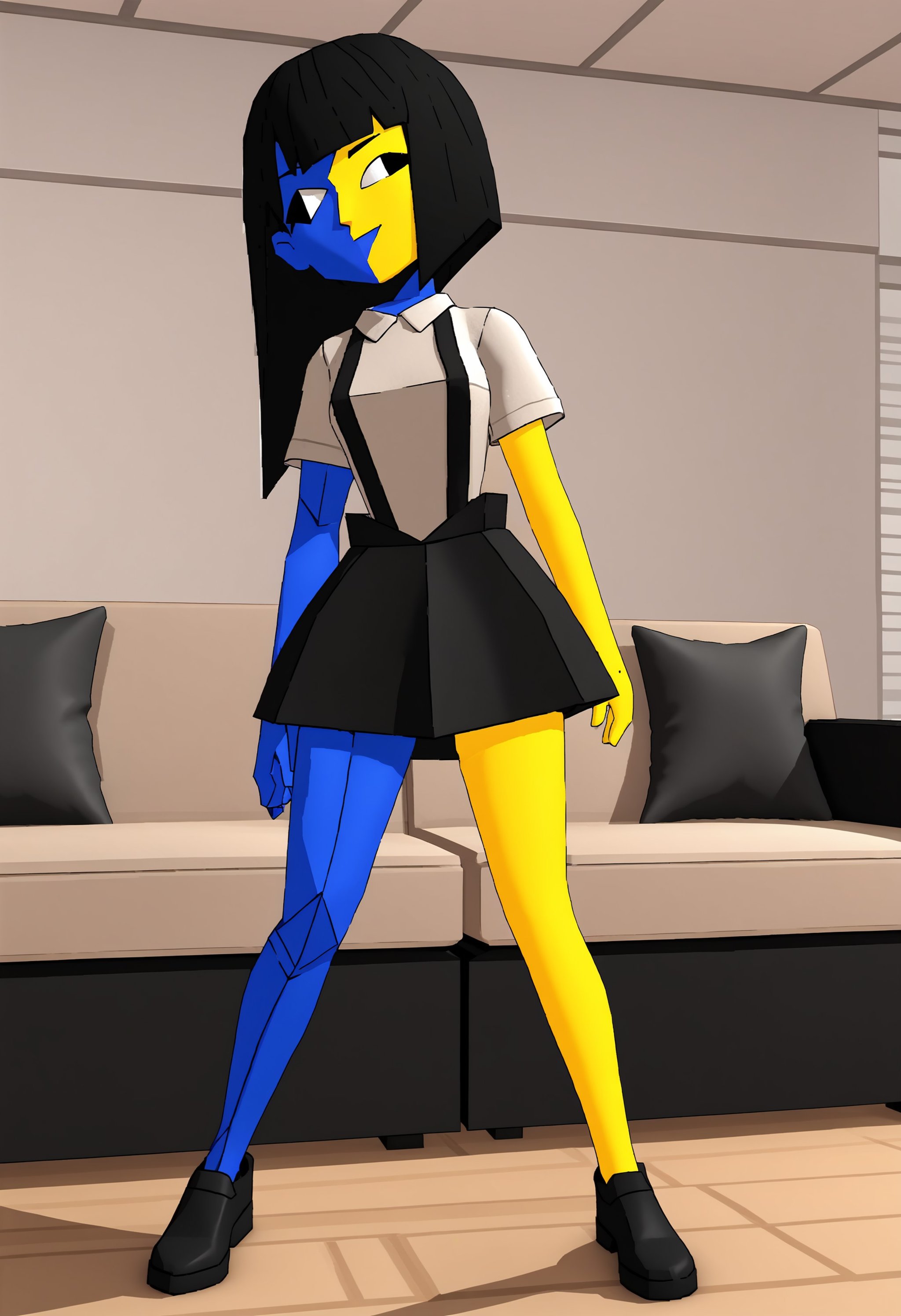 score_9, score_8_up, score_7_up, score_6_up, score_5_up, score_4_up, 1girl, <lora:Ena:0.9> solo, colored skin, yellow skin, blue skin, black eyes, suspenders, shirt, short sleeves, black skirt, black shoe, black boot, standing,living room background, 3d, render,