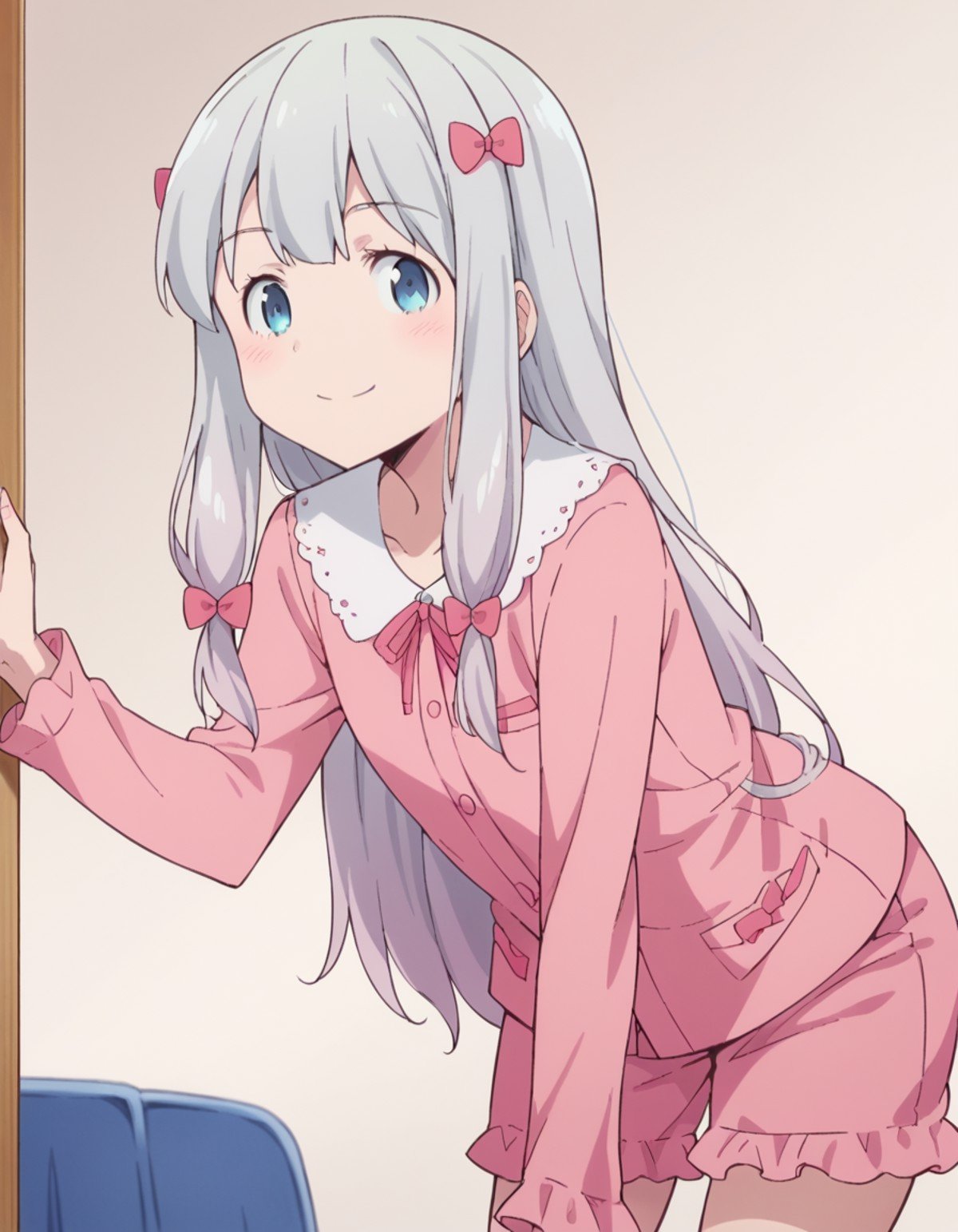 score_9, score_8_up, score_7_up, source_anime,sagiriizumi, <lora:sagiri-izumi-s1-ponyxl-lora-nochekaiser:1>,sagiri izumi, long hair, blue eyes, bow, hair bow, grey hair, pink bow,ribbon, shorts, pink shirt, pajamas, pink shorts,indoors, bent over, smile,solo, looking at viewer, cowboy shot, dutch angle,