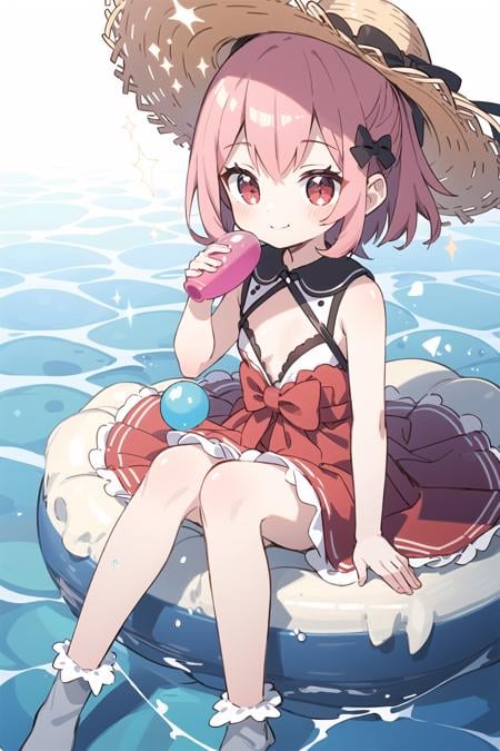 high resolution, best quality,extremely detailed CG,official art,detailed background, anime style2, beach, a little girl, child, solo, one-piece dress, beautiful pink hair, beautiful red eyes, ((beautiful eyes)), transparent hair, translucent hair, flat breast, tiny breast, straw hat, ribon, light smile, sparkling effect, glitter effect, soap bubble effect, 