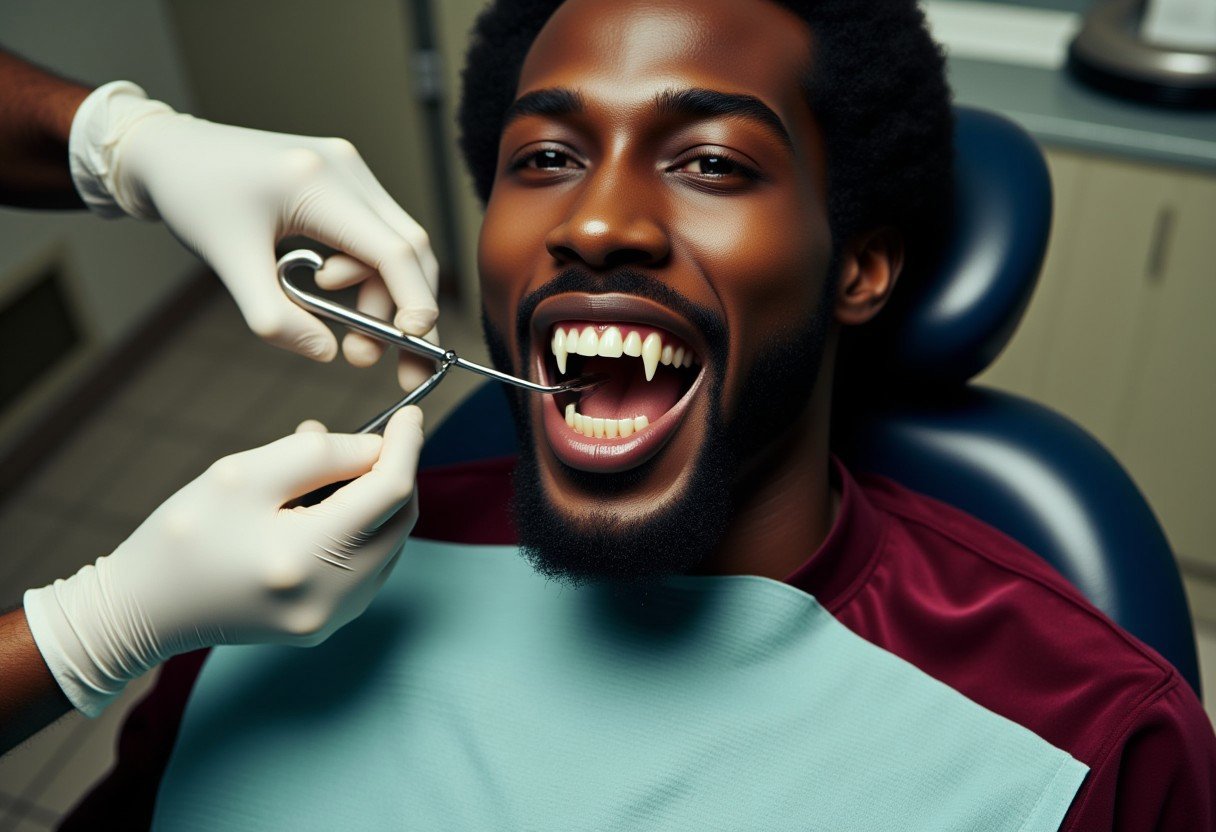 Vampyfangs1. a film still photo. 35mm. 4k. From a 2003 movie. a black Jamaican vampire and is showing off his fangs, he is getting his teeth checked at the dentist.