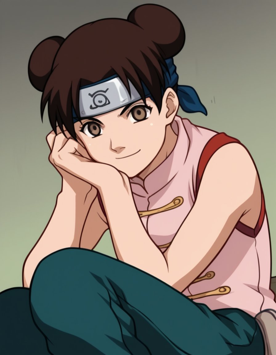 score_9, score_8_up, score_7_up, source_anime, <lora:tenten-s1-ponyxl-lora-nochekaiser:1>, tenten, brown hair, brown eyes, hair bun, double bun,, skirt, bare shoulders, sleeveless, forehead protector, konohagakure symbol, chinese dress, pink dress, pants,, indoors, smile, looking at viewer, solo, sitting, head rest,, cowboy shot, dutch angle