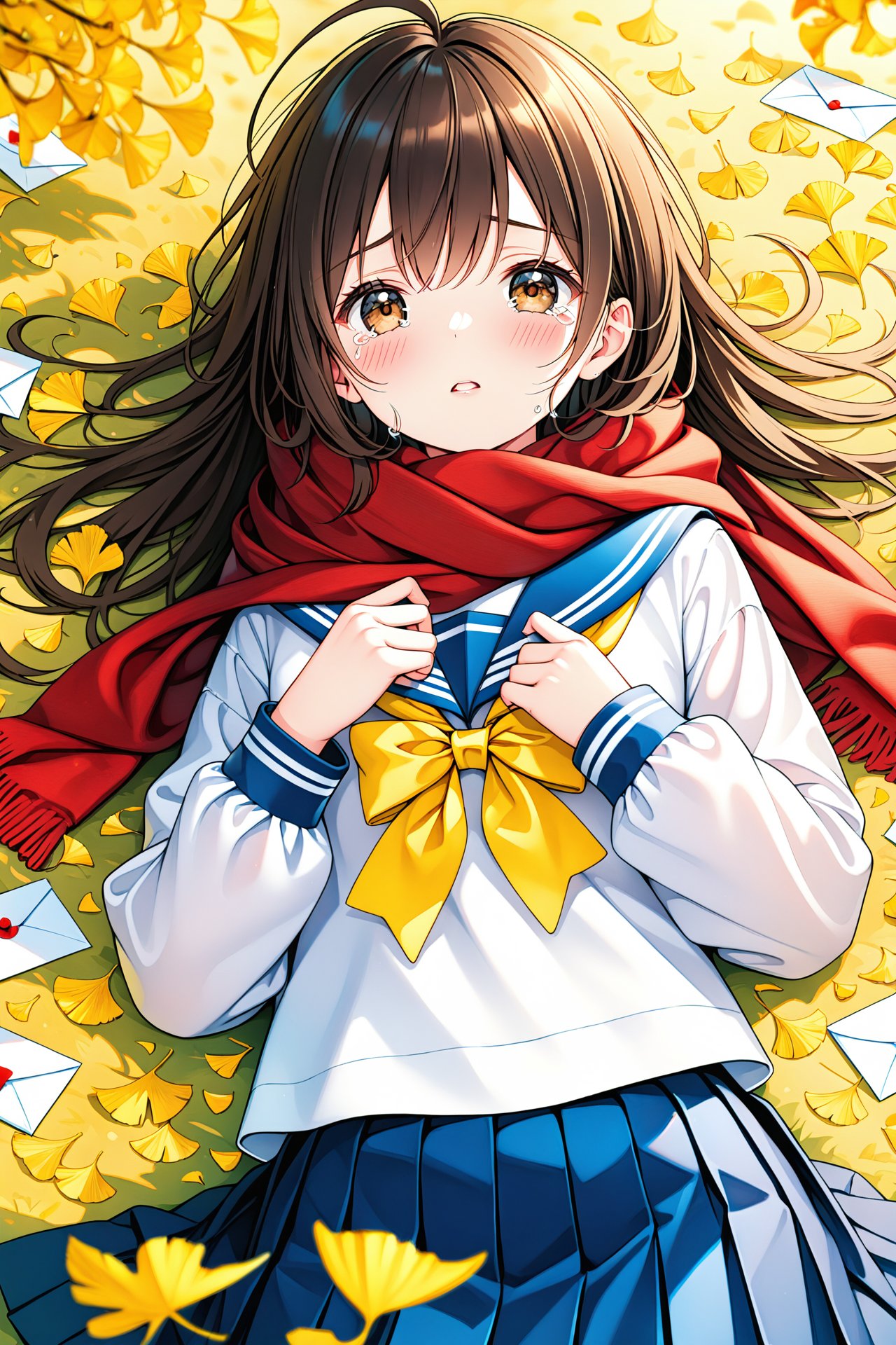 (masterpiece),(best quality),illustration,ultra detailed,hdr,Depth of field,(colorful),1girl,solo,school uniform,skirt,scarf,lying,serafuku,on back,long sleeves,autumn,blue skirt,looking at viewer,sailor collar,bow,brown eyes,long hair,tears,autumn leaves,bangs,blue sailor collar,shirt,parted lips,pleated skirt,white shirt,envelope,ahoge,blurry,red scarf,black hair,crying,leaf,letter,crying with eyes open,yellow bow,outdoors,brown hair,bowtie,ginkgo leaf,from above,tearing up,blush,