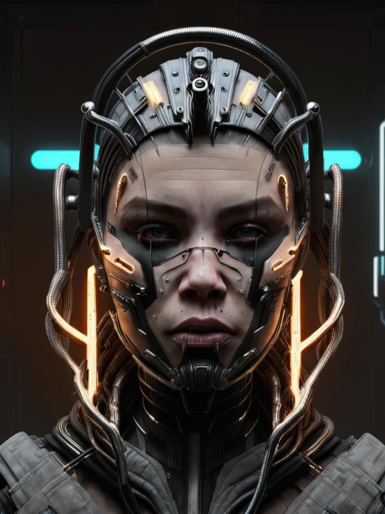 1girl, solo, looking_at_viewer, helmet, portrait, science_fiction, realistic, cable, cyborg, cyberpunk , <lora:Digital_Madness:0.75> 