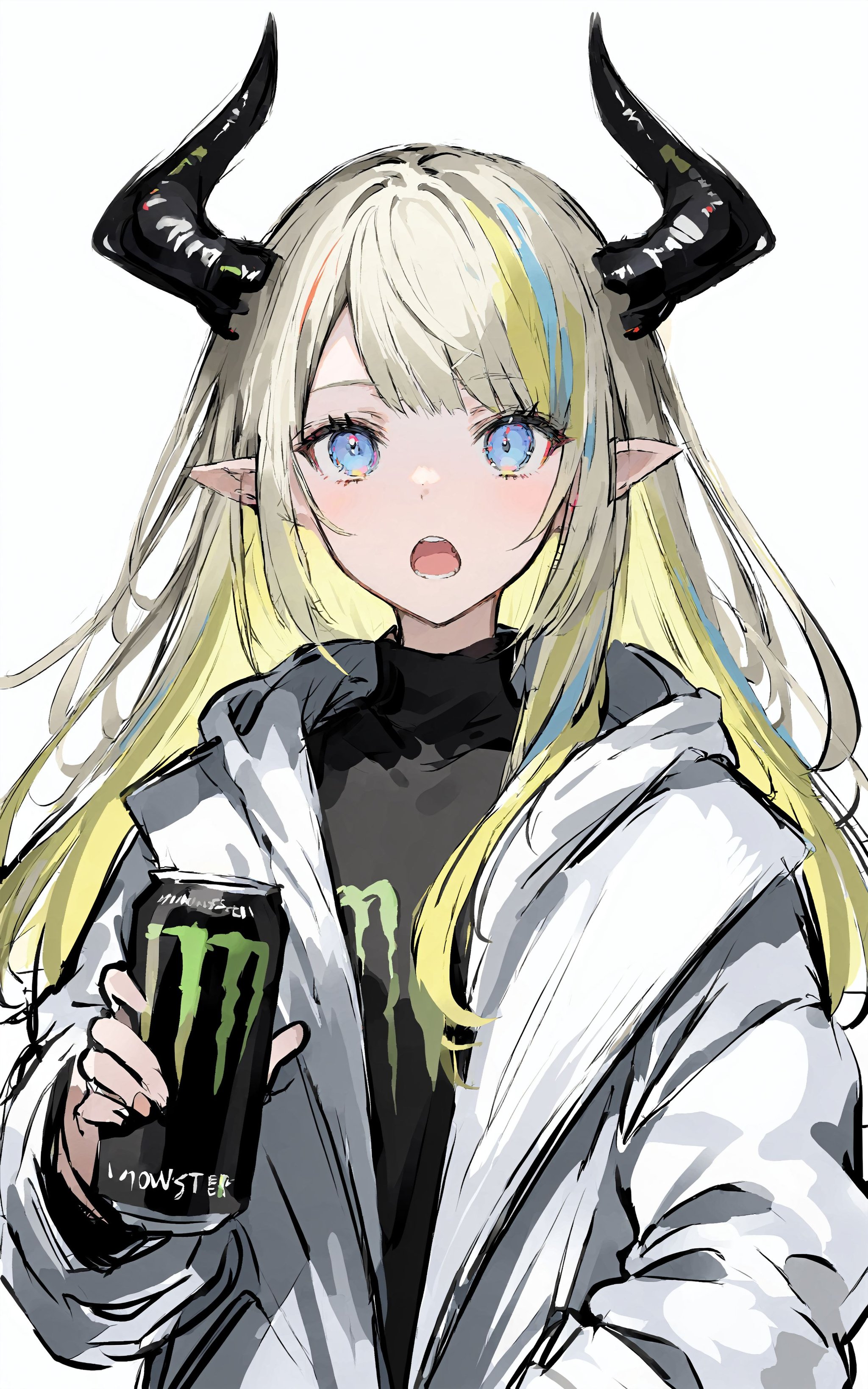 1girl, solo, holding, white background, simple background, holding can, blonde hair, blue eyes, can, monster energy, open clothes, sketch, looking at viewer, long hair, white jacket, shirt, white coat, horns, multicolored hair, upper body, hood down, jacket, open mouth, pointy ears    <lora:XLTEST 10:0.75>