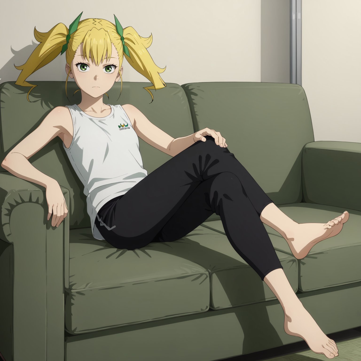 <lora:KikoruShinomiyaXLpony001>,solo,KikoruShinomiya,1girl,blonde hair,twintails,green eyes,full body,sofa,white t -shirt,sleeveless,black pants,barefoot,lying,crossed_legs,