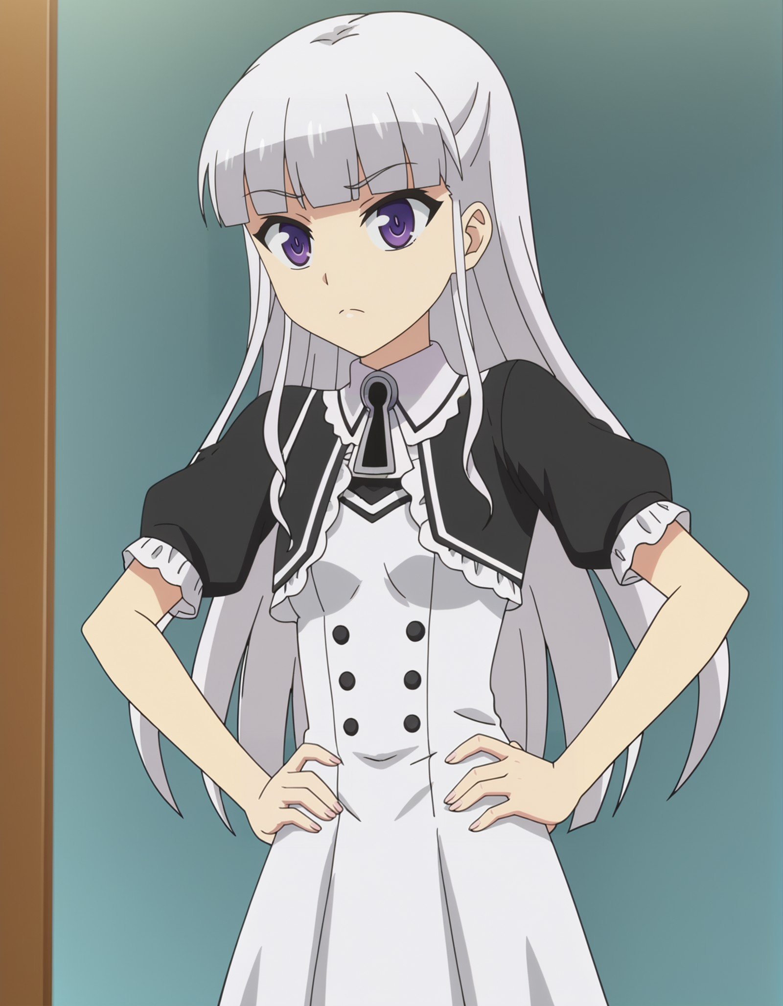 1girl,anime screencap,solo, <lora:MariaNaruse_16XL:0.8> maria_naruse, purple eyes, bangs, white hair,long hair,dress,hands on hips,