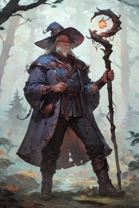 score_9, score_8_up, score_7_up, concept art, realistic, wizard, old, 1boy, old man, male focus, hat, beard, solo, staff, witch hat, facial hair, forest, nature, robe, long hair, looking at viewer, tree, holding, white hair, outdoors, holding staff, boots <lora:Concept Art Style SDXL_LoRA_Pony Diffusion V6 XL:1>