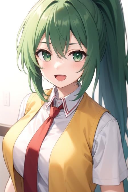 ((masterpiece)),(best quality),official art,extremely detailed CG,unity 8k wallpaper,ultra detailed,beautiful detailed eyes,extremely detailed face,1girl,solo,upper body,(portrait:1.5),looking at viewer,facing viewer,:d,sonozaki mion,long hair,green hair,high ponytail,parted bangs,green eyes,open mouth,yellow vest,cropped vest,open clothes,collared shirt,red necktie,white shirt,short sleeves,large breasts,tight,red skirt,long skirt,white socks,loafers,<lora:Sonozaki Mion(hnnk)>,