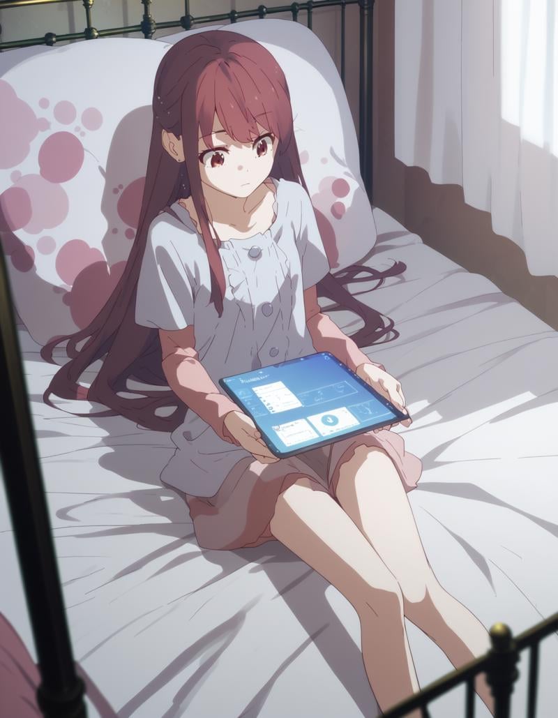 score_9,  score_8_up, score_7_up, source_anime, <lora:rin-ponyxl:0.9> rnshltr,1girl, solo, tablet pc, holding tablet pc, bed, bedroom