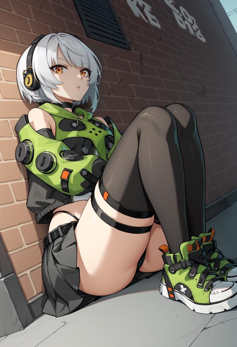 score_9, score_8_up, score_7_up, score_6_up, source_anime, BREAK dutch angle, 1girl, <lora:Anby_Demara-zzz-LoRA-v1:1> anby, short hair, white hair, orange eyes, headphones, choker, green jacket, crop top, midriff, detached sleeves, long sleeves, puffy sleeves, miniskirt, pleated skirt, black skirt, highleg panties, belt, black thighhighs, thigh strap, fingerless gloves, sneakers, on floor, hugging own legs, against wall, looking at viewer, parted lips, alley,