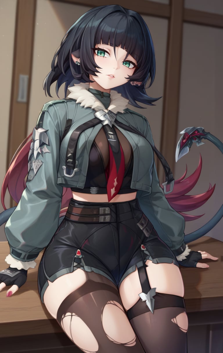 score_9,score_8_up,score_7_up BREAK <lora:janedoe:0.9>,janedoeSDXL,1girl,long hair,shirt,black hair,thighhighs,long sleeves,green eyes,jacket,tail,pantyhose,red hair,parted lips,necktie,black gloves,belt,fingerless ear piercing,gloves,open jacket,fingernails,neckerchief,torn clothes,fur trim,black shorts,red necktie,zipper,grey jacket,fur-trimmed jacket,zipper pull tab,torn pantyhose,torn thighhighs,high-waist shorts,torn,cowboy shot,room,room background,sitting, 