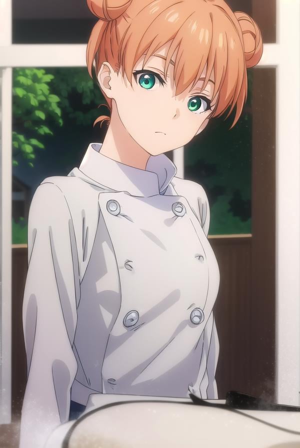 yuukiyoshino, <lora:yuuki yoshino s1-lora-nochekaiser:1>,yuuki yoshino, short hair, twintails, (green eyes:1.3), hair bun, orange hair, double bun,BREAK chef, pants, white pants,BREAK indoors, kitchen,BREAK looking at viewer, (cowboy shot:1.5),BREAK <lyco:GoodHands-beta2:1>, (masterpiece:1.2), best quality, high resolution, unity 8k wallpaper, (illustration:0.8), (beautiful detailed eyes:1.6), extremely detailed face, perfect lighting, extremely detailed CG, (perfect hands, perfect anatomy),