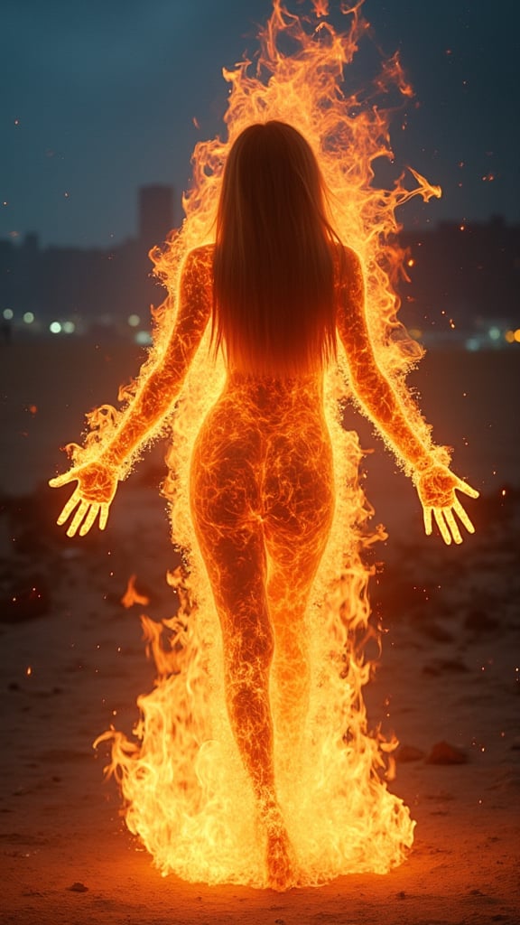 bailing_fire,composed of fire elements,fire element,girl made of orange flames,Fire Skin,surrounded by blue flames.,orange fire, orange flame,the person in the image is a young woman with long blonde hair and striking.,she is standing in a dark room with a cityscape blurred in the background. the woman is surrounded by a bright orange aura that seems to be emanating from her body.,her arms are outstretched and she appears to be in the midst of a fire powerful display of energy,