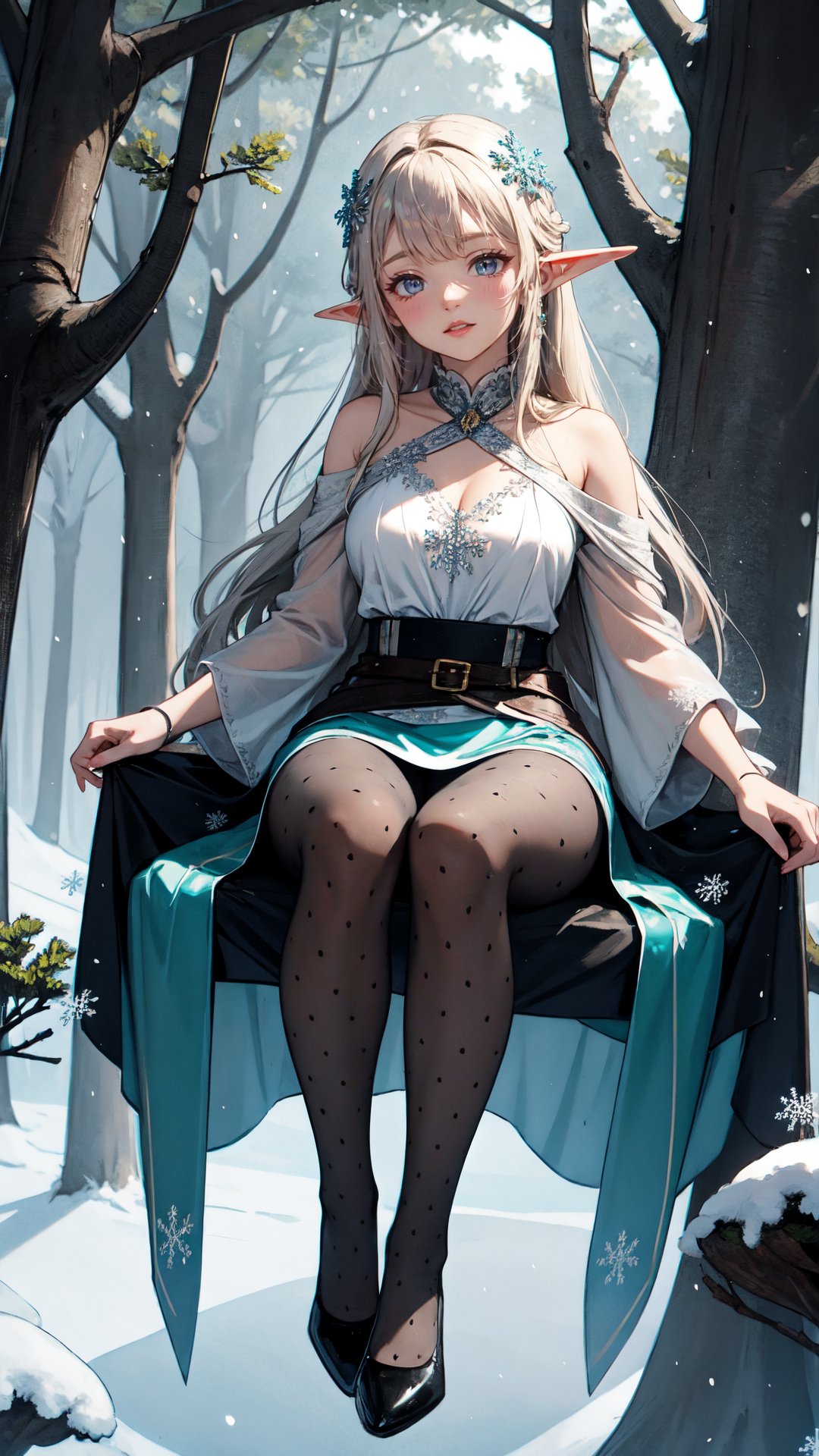 <lora:merged_0022:0.8>,(tutututu),pantyhose,((black footwear)),era elf,(giant elves sit on the treetops:1.2),(snowflakes:1.4),enchanting beauty,(fantasy),(elf mother tree),(world tree),ethereal glow,pointed ears,delicate facial features,long elegant hair,mystical ambiance,soft lighting,tranquil expression,harmonious with nature,subtle magical elements,serene,dreamlike quality,pastel colors,1person,(castle),