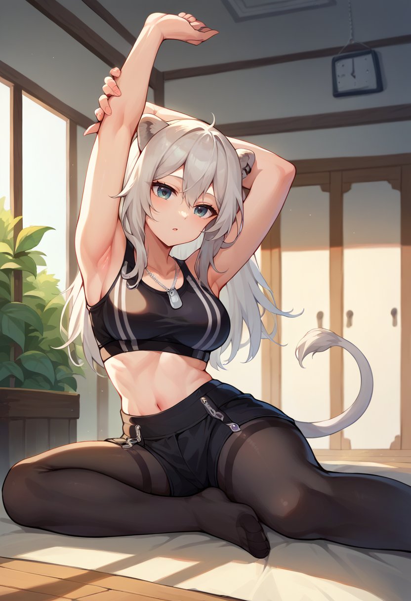 core_9, score_8_up, score_7_up, BotanSuit, long hair, ear piercing, lion tail, black sports bra, dog tags, black shorts, legwear garter, black pantyhose, stretching, arms up, indoors, <lora:ShishiroBotanPDXL:1>