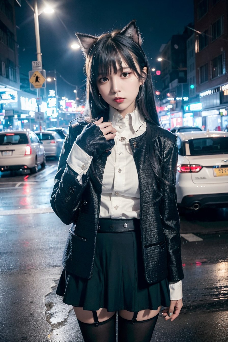 (8k, RAW photo, best quality, masterpiece:1.2), ultra high res, (realistic, photo-realistic:1.48),omertosa,1girl,(Kpop idol), (aegyo sal:1),cute, (bokeh bustling city center:1.2), crosswalk, traffic lights, road sign, rain, wet, professional lighting, detailed lighting, photon mapping, radiosity, physically-based rendering, <lora:8750:0.5>,Black pantyhosebloom, backlighting, depth of field, natural lighting, hard focus, film grain, photographed with a Sony a9 II Mirrorless Camera, detailed eyes, realistic eyes, detailed shadow, looking at viewer, dog ears, detailed lighting, skirt, black skirt, thighhighs, black thighhighs, (detailed hair, realistic hair, realistic lighting, realistic shadow, realistic outfit), open jacket, white shirt