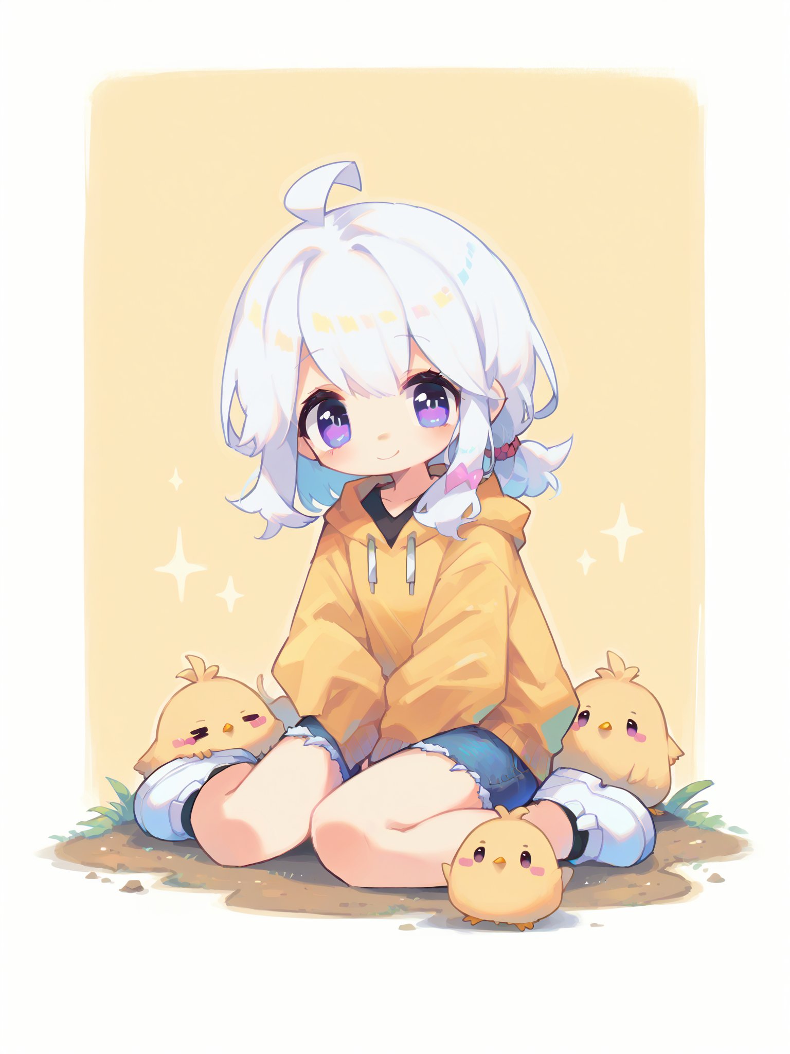 score_9, score_8_up, score_7_up, score_6_up, score_5_up, score_4_up, source_anime, rating_safe, embedding:zPDXL2, 1girl, golden background, chick, yellow hoodie, white hair, medium hair, white shoes, full body, sitting on ground, ahoge, looking at viewer, smile, denim shorts, (white frame, white border:1.3)