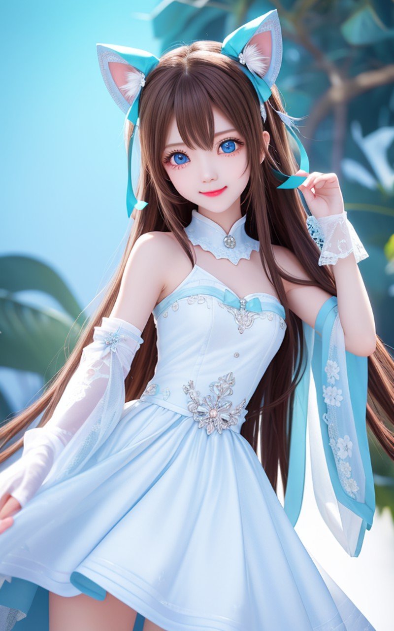 masterpiece, best quality, kawaii,adorable girl,little girl,bishoujo,cute,long hair,light brown hair,hair between eyes,ahoge, blue eyes,beautiful detailed eyes,aqua eyes,cat_ears,blue hairbow,white kneehighs,white dress,white infrared sleeve,((beautiful detailed face)), (beautiful detailed eyes),boots,full body,white glove,cute face,happy