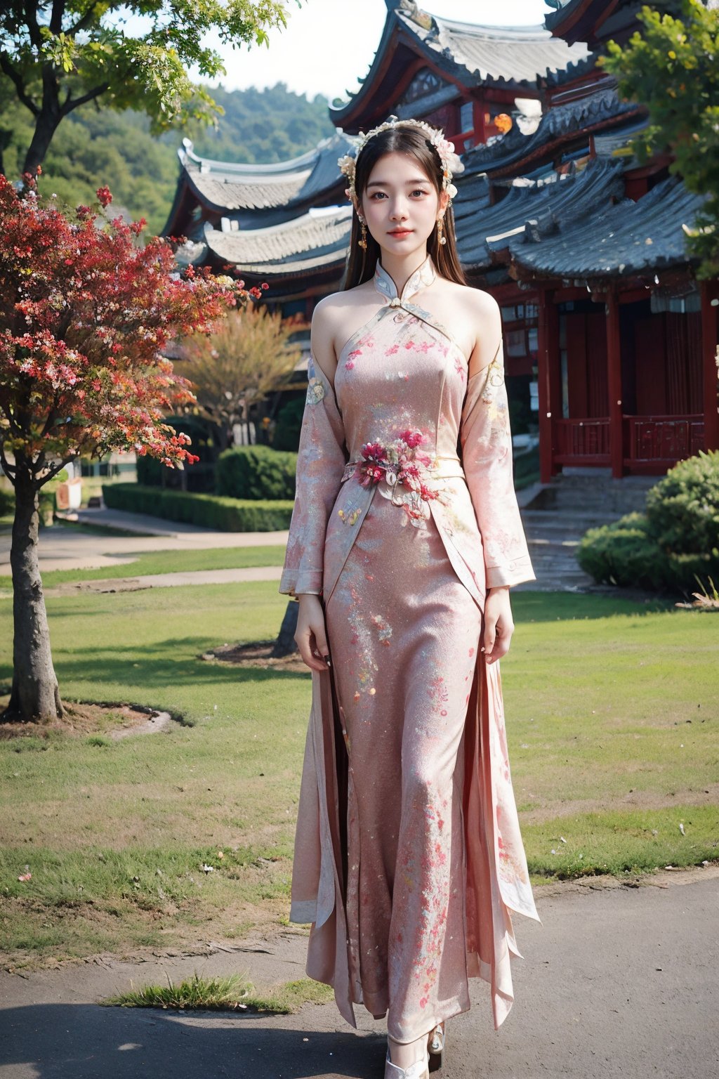 CAFC,1girl,solo,long hair,clothes,earrings,jewelry,hair accessories,full body,suburban scenery,east asian,chinese style architecture,