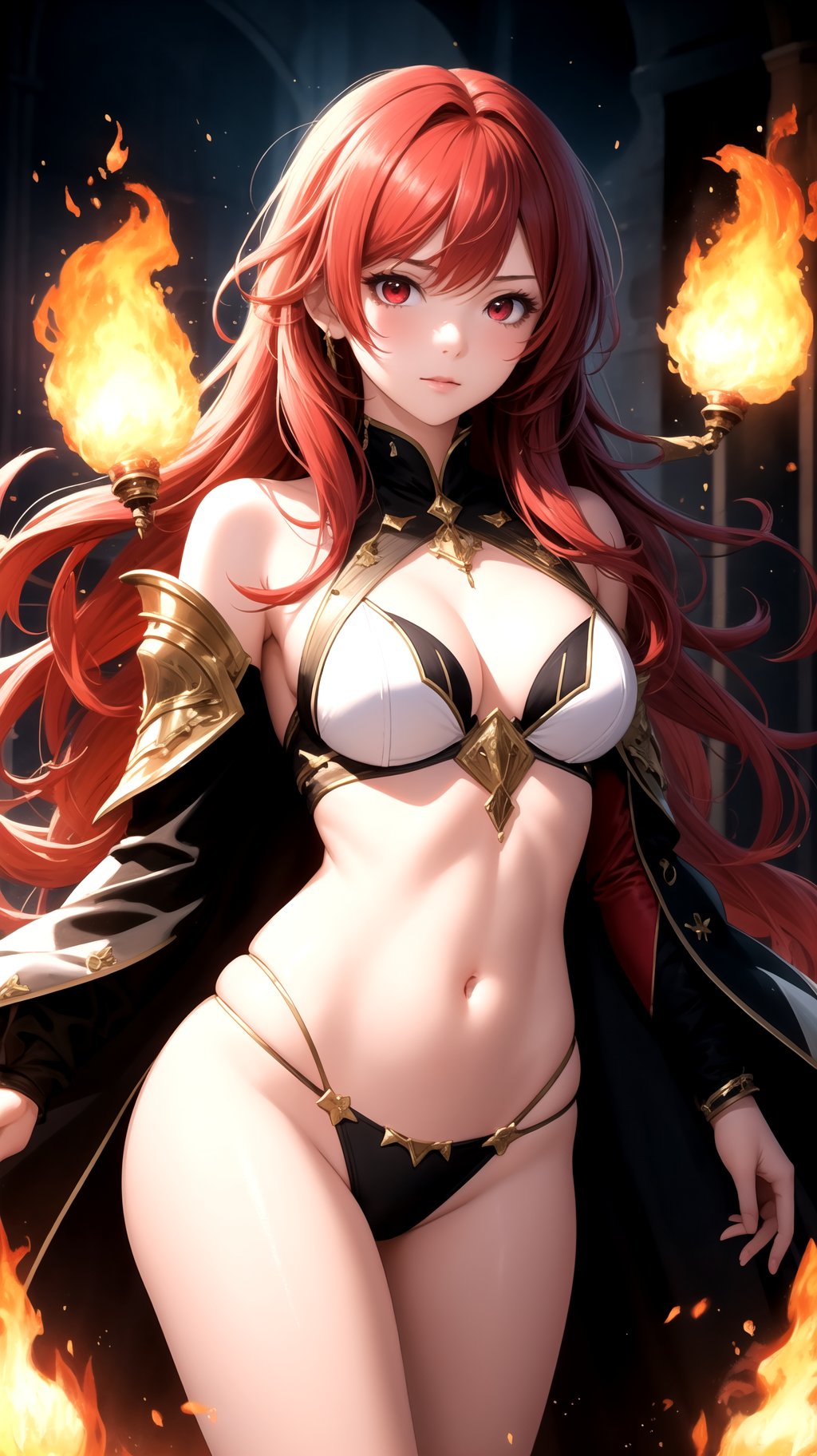 (masterpiece, best quality), 1girl, red hair, red eyes, fantasy, flames, burning, scenery, magic, light particle, messy hair,