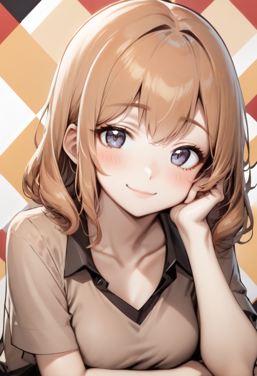 1girl, alternate costume, blush, brown shirt, collarbone, hand on own cheek, hand on own face, head rest, head tilt, light smile, looking at viewer, rhombus background, shirt, solo, 