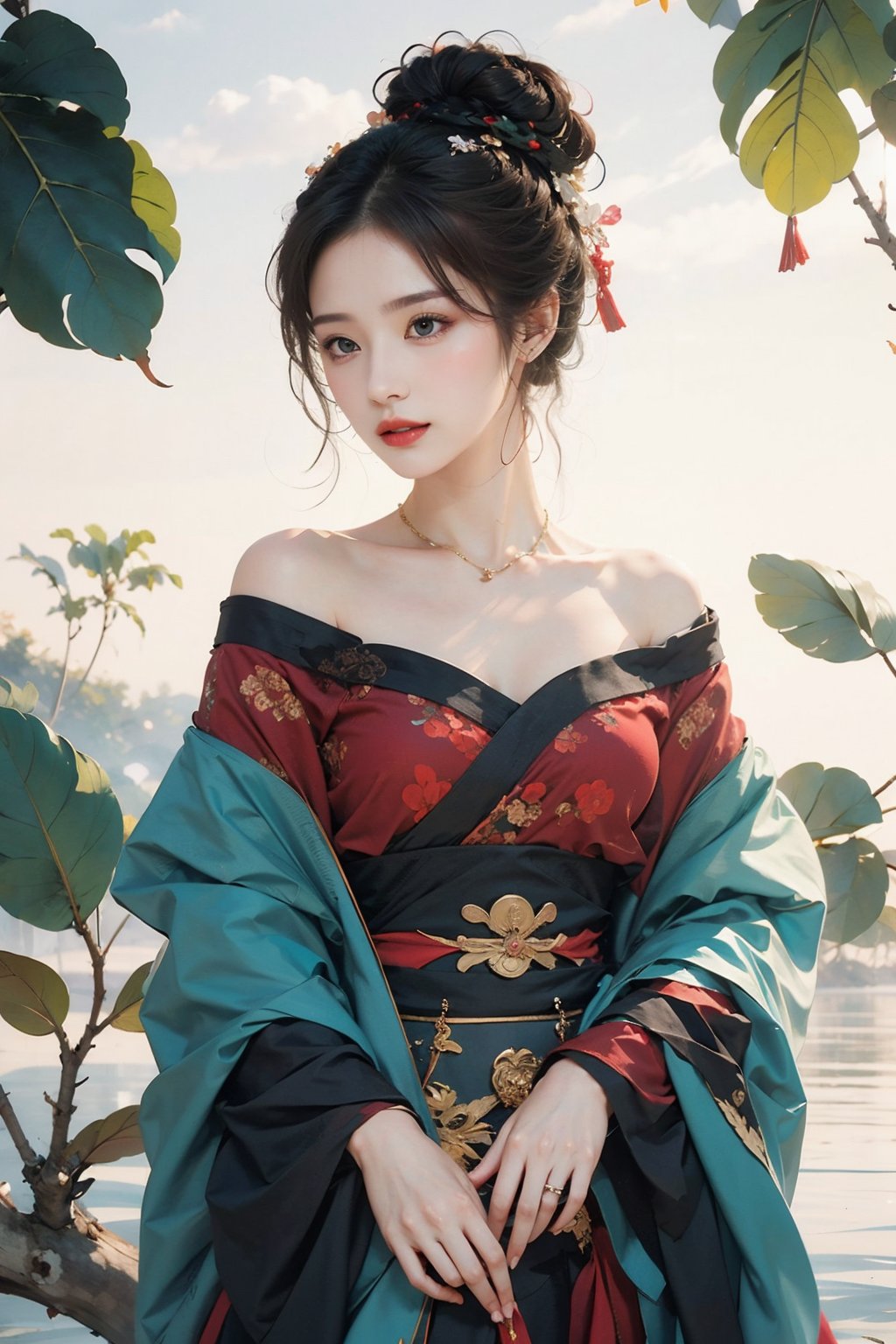 1girl,solo,flower,hair bun,hanfu,water,bare shoulders,black hair,chinese clothes,off shoulder,dress,long sleeves,hair ornament,branch,single hair bun,white flower,leaf,red lips,jewelry,<lora:linhe gufeng_20231016142654:0.8>,