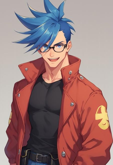 score_9, score_8_up, score_7_up, source_anime, highly detailed, galo,  male focus, 1boy, blue hair, spiked hair, jacket, red jacket, solo, glasses, blue eyes, open mouth, shirt, belt, smile, black shirt,indoor,