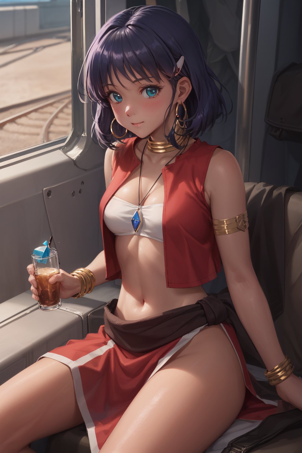 official art, extremely detailed CG unity 8k wallpaper, highly detailed, shiny skin, Depth of field, vivid color,vest,jewelry,tube top,loincloth,blush, public, embarrassed, sitting, train interior, nature, window, <lora:11nadia:0.8>,nadia