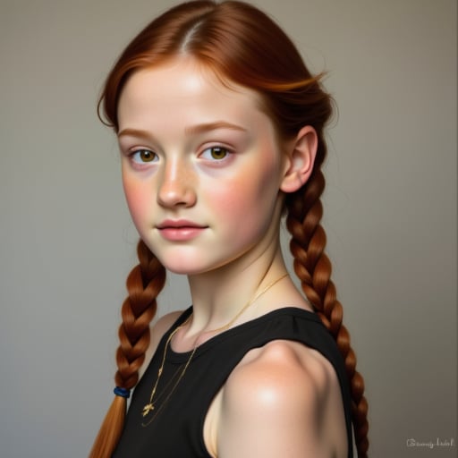 Full-body-length painting of a Young Girl: A slender, 18-year-old girl with dark russet hair tied in double plaits and light brown eyes gazes directly at the camera, exuding confidence.